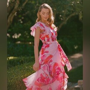 Anthropologie Hutch Cezza Ruffle-Sleeve V-Neck Floral Wrap Midi Dress size 1X